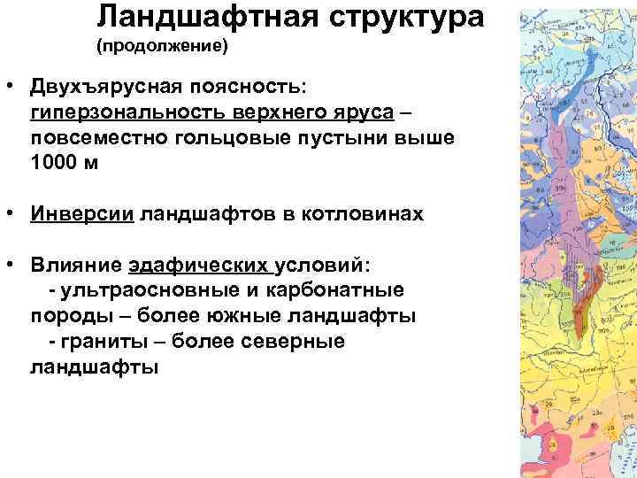 Ландшафтная структура (продолжение) • Двухъярусная поясность: гиперзональность верхнего яруса – повсеместно гольцовые пустыни выше