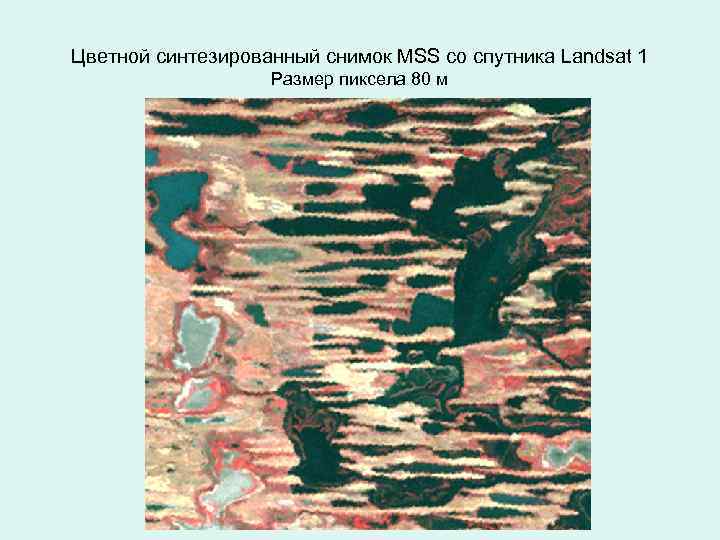 Цветной синтезированный снимок MSS со спутника Landsat 1 Размер пиксела 80 м 