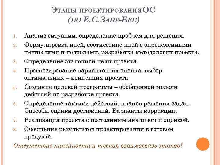 ЭТАПЫ ПРОЕКТИРОВАНИЯ ОС (ПО Е. С. ЗАИР-БЕК) Анализ ситуации, определение проблем для решения. 2.