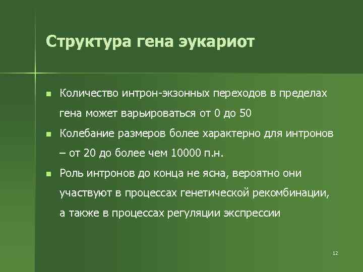 Структура гена эукариот n Количество интрон-экзонных переходов в пределах гена может варьироваться от 0