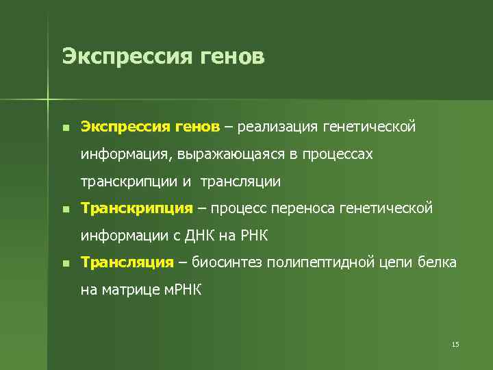 Экспрессия генов n Экспрессия генов – реализация генетической информация, выражающаяся в процессах транскрипции и