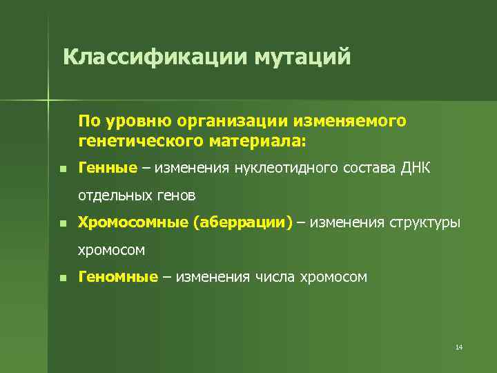 Классификации мутаций По уровню организации изменяемого генетического материала: n Генные – изменения нуклеотидного состава