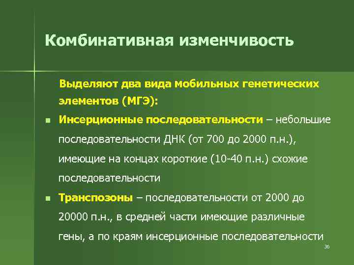Комбинативная изменчивость Выделяют два вида мобильных генетических элементов (МГЭ): n Инсерционные последовательности – небольшие