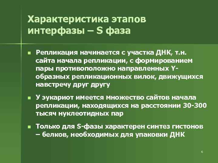 Характеристика этапов интерфазы – S фаза n Репликация начинается с участка ДНК, т. н.