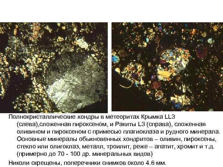 Полнокристаллические хондры в метеоритах Крымка LL 3 (слева), сложенная пироксеном, и Ракиты L 3