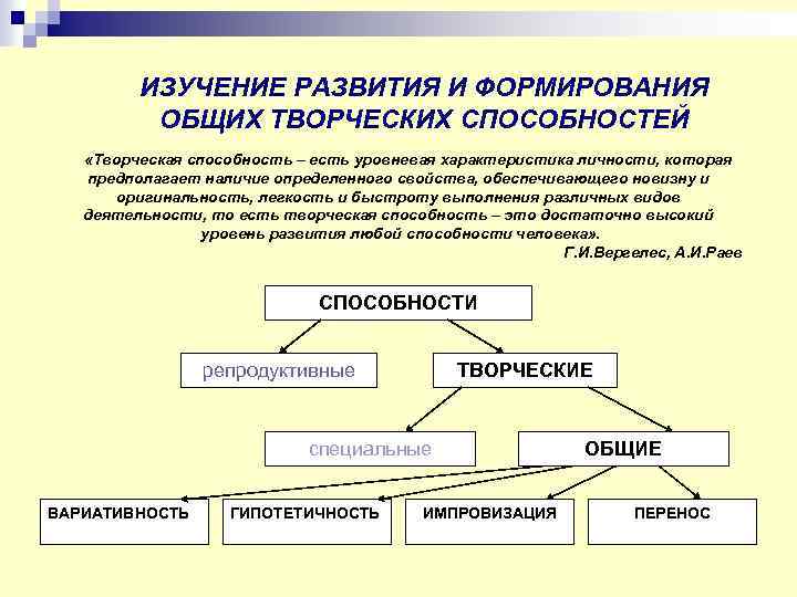 ИЗУЧЕНИЕ РАЗВИТИЯ И ФОРМИРОВАНИЯ ОБЩИХ ТВОРЧЕСКИХ СПОСОБНОСТЕЙ «Творческая способность – есть уровневая характеристика личности,