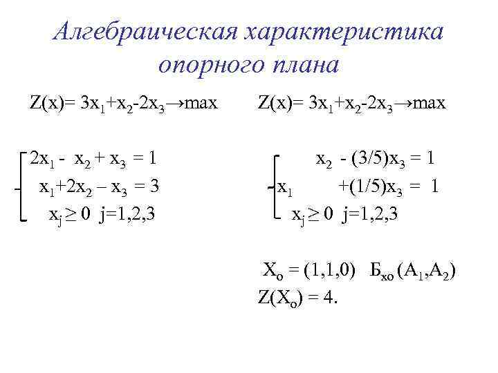 Алгебраическая характеристика опорного плана Z(x)= 3 х1+х2 -2 х3→max 2 x 1 - x