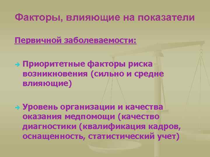Факторы, влияющие на показатели Первичной заболеваемости: è è Приоритетные факторы риска возникновения (сильно и