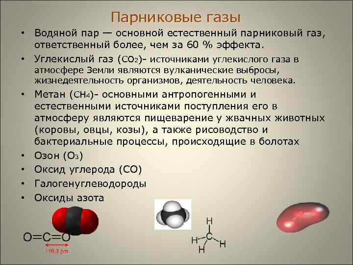  Парниковые газы • Водяной пар — основной естественный парниковый газ, ответственный более, чем