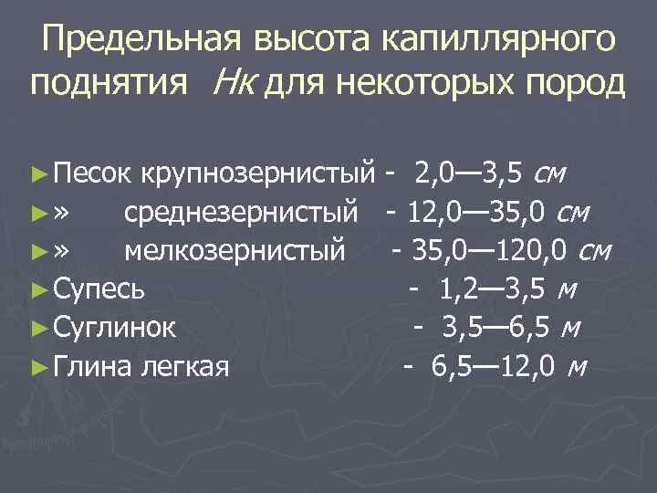 Предельная высота капиллярного поднятия Нк для некоторых пород крупнозернистый - 2, 0— 3, 5