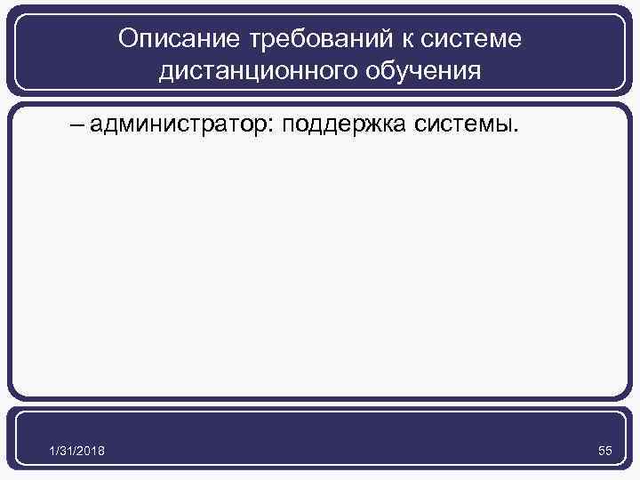 Описание требований к системе дистанционного обучения – администратор: поддержка системы. 1/31/2018 55 