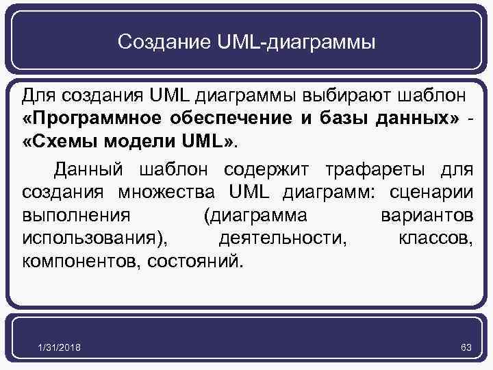 Создание UML-диаграммы Для создания UML диаграммы выбирают шаблон «Программное обеспечение и базы данных» -