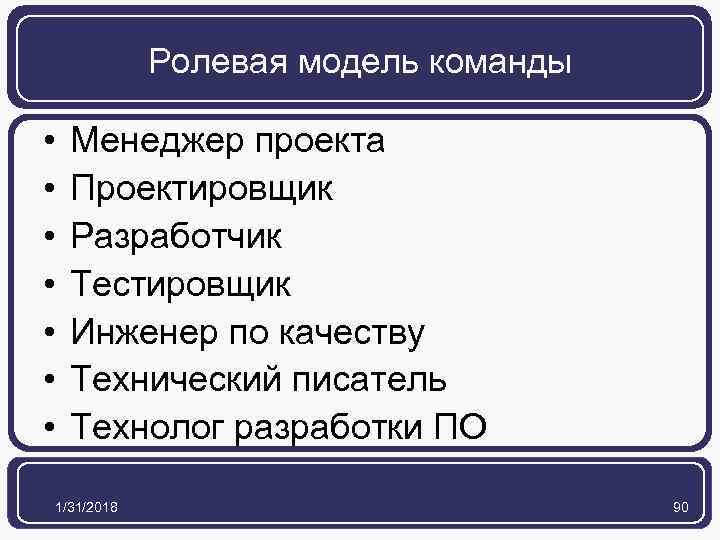 Ролевая модель команды • • Менеджер проекта Проектировщик Разработчик Тестировщик Инженер по качеству Технический