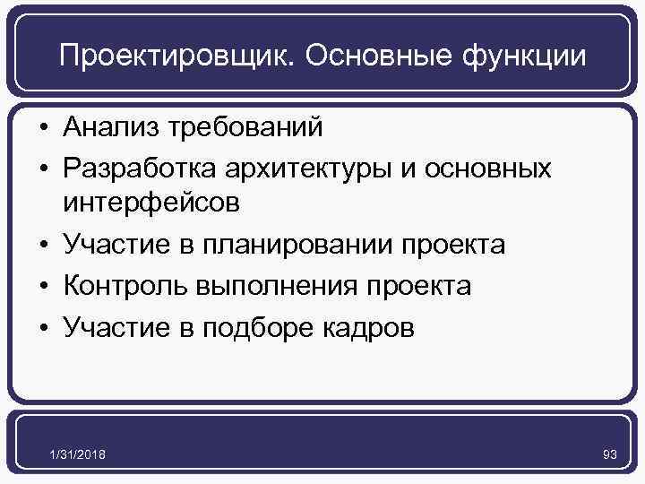 Проектировщик. Основные функции • Анализ требований • Разработка архитектуры и основных интерфейсов • Участие