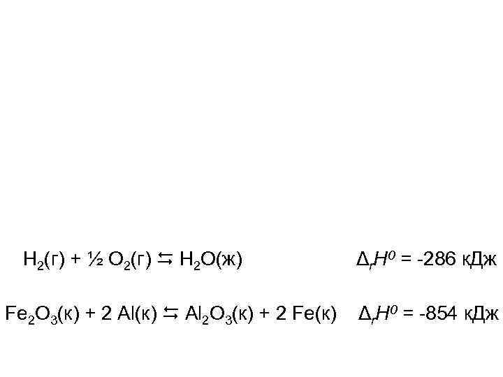 Н 2(г) + ½ О 2(г) Н 2 О(ж) Fe 2 O 3(к) +