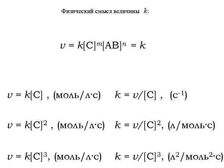 Физический смысл величины k: v = k[C]m[AB]n = k v = k[C] , (моль/л·с)