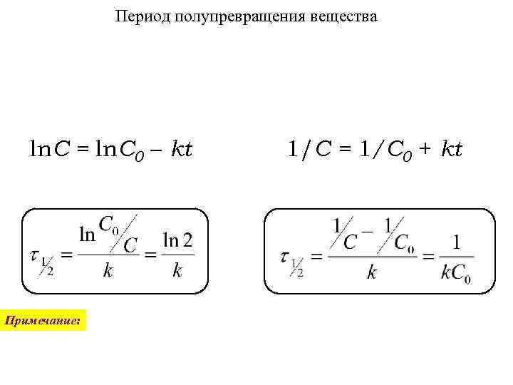 Период полупревращения вещества ln. C = ln. C 0 – kt Примечание: 1/C =