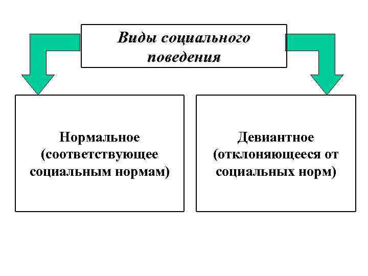 Виды социального поведения Нормальное (соответствующее социальным нормам) Девиантное (отклоняющееся от социальных норм) 