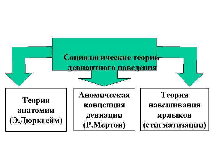 Социологические теории девиантного поведения Теория анатомии (Э. Дюркгейм) Аномическая концепция девиации (Р. Мертон) Теория