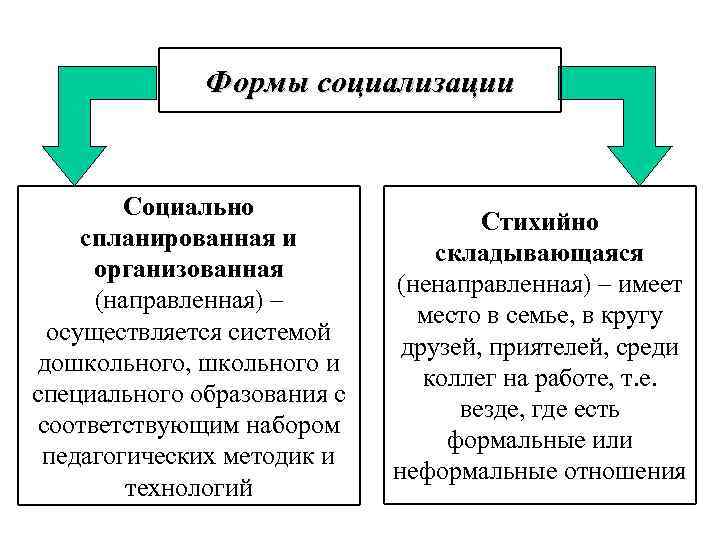 Формы социализации Социально спланированная и организованная (направленная) – осуществляется системой дошкольного, школьного и специального