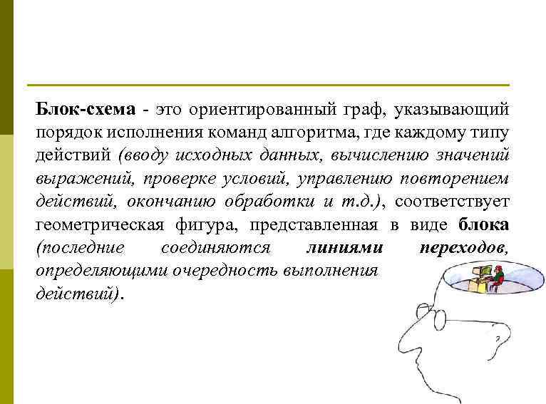 Блок-схема - это ориентированный граф, указывающий порядок исполнения команд алгоритма, где каждому типу действий