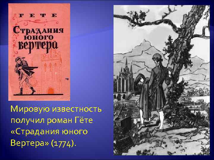 Мировую известность получил роман Гёте «Страдания юного Вертера» (1774). 