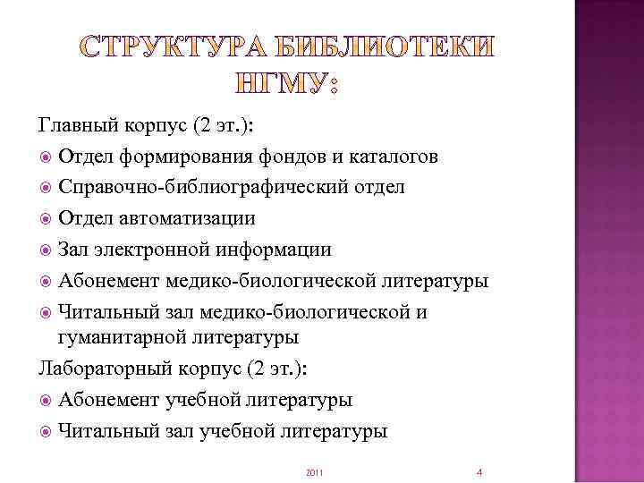 Главный корпус (2 эт. ): Отдел формирования фондов и каталогов Справочно-библиографический отдел Отдел автоматизации