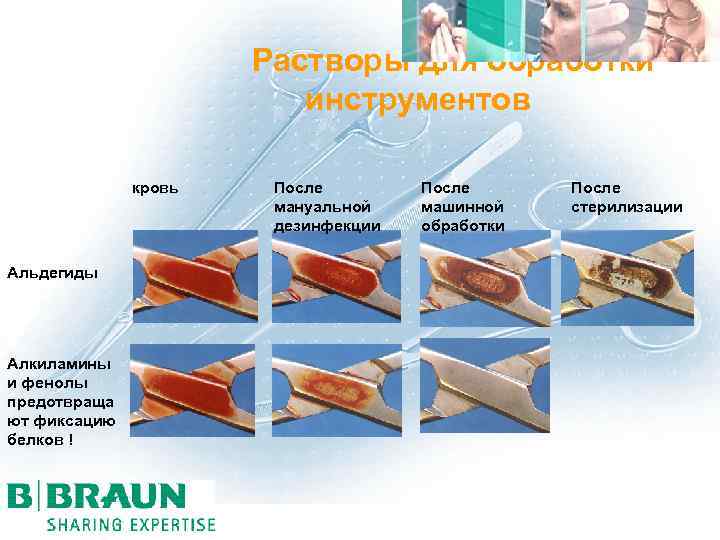 Растворы для обработки инструментов кровь Альдегиды Алкиламины и фенолы предотвраща ют фиксацию белков !