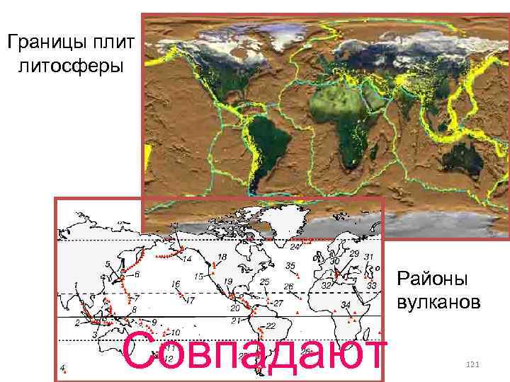 Границы плит литосферы Районы вулканов Совпадают 121 