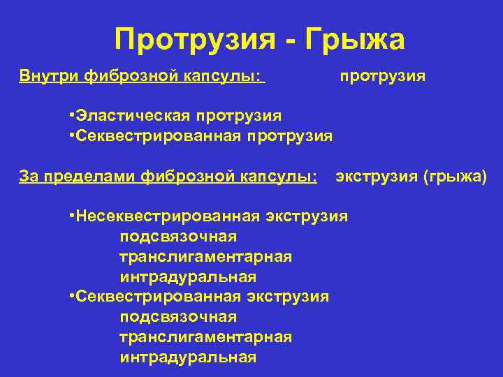 Протрузия - Грыжа Внутри фиброзной капсулы: протрузия • Эластическая протрузия • Секвестрированная протрузия За