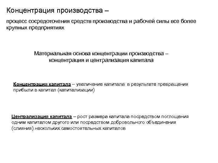 Концентрация производства – процесс сосредоточения средств производства и рабочей силы все более крупных предприятиях