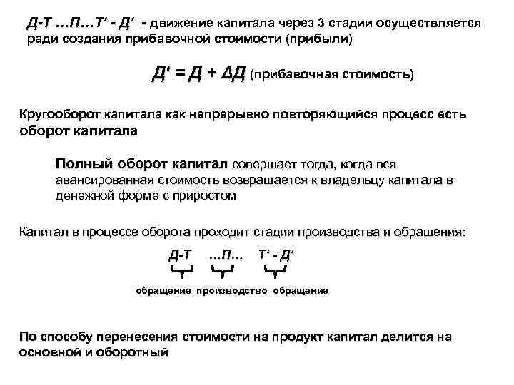 Д-Т …П…Т‘ - Д‘ - движение капитала через 3 стадии осуществляется ради создания прибавочной