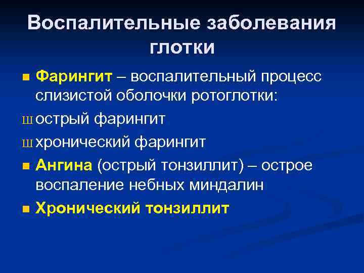 Воспалительные заболевания глотки Фарингит – воспалительный процесс слизистой оболочки ротоглотки: Ш острый фарингит Ш