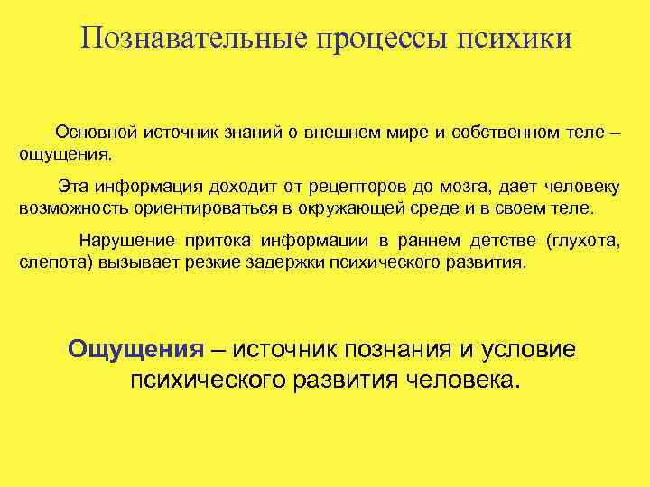 Познавательные процессы психики Основной источник знаний о внешнем мире и собственном теле – ощущения.