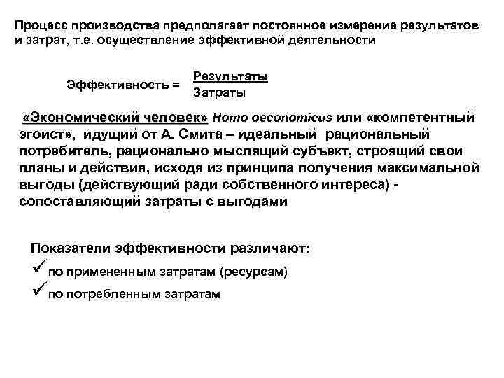 Процесс производства предполагает постоянное измерение результатов и затрат, т. е. осуществление эффективной деятельности Эффективность