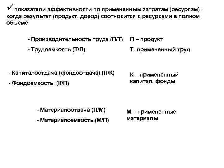 üпоказатели эффективности по примененным затратам (ресурсам) когда результат (продукт, доход) соотносится с ресурсами в