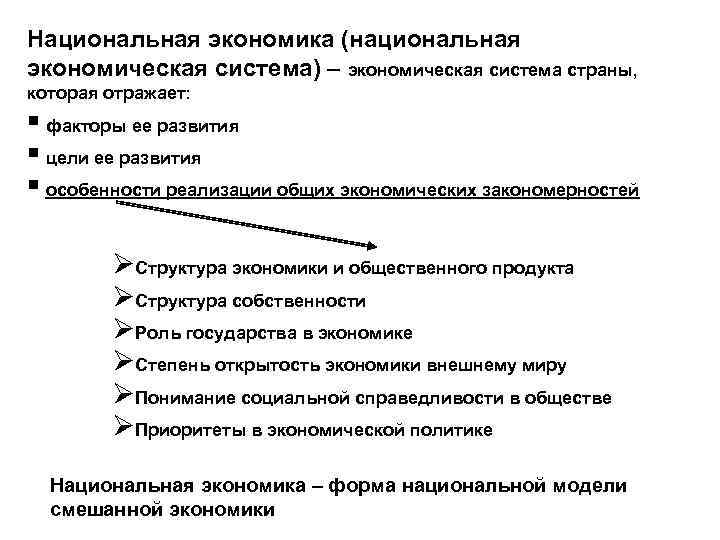 Национальная экономика (национальная экономическая система) – экономическая система страны, которая отражает: § факторы ее