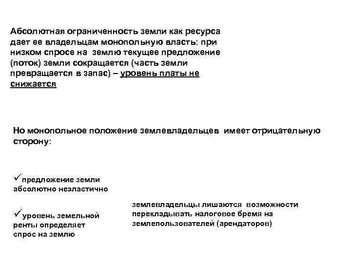 Абсолютная ограниченность земли как ресурса дает ее владельцам монопольную власть: при низком спросе на