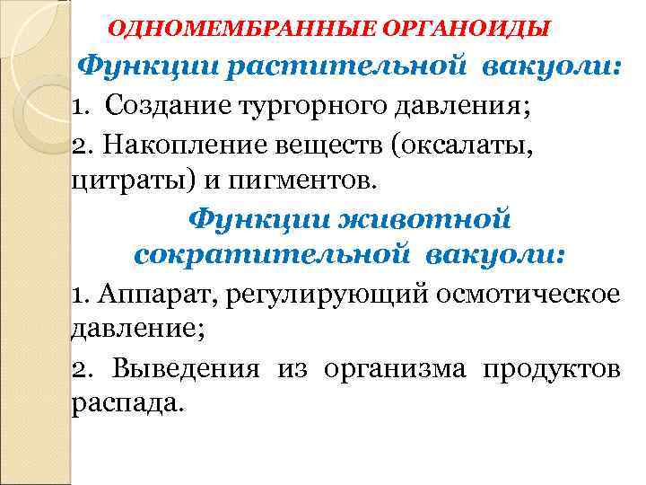 ОДНОМЕМБРАННЫЕ ОРГАНОИДЫ Функции растительной вакуоли: 1. Создание тургорного давления; 2. Накопление веществ (оксалаты, цитраты)