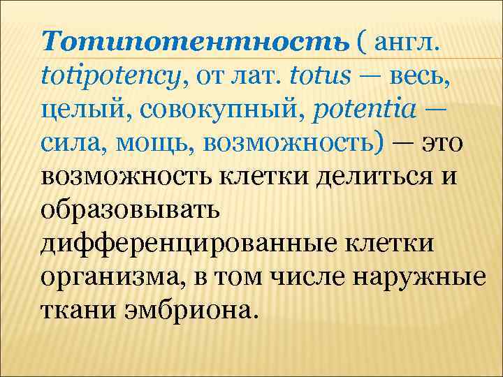 Тотипотентность ( англ. totipotency, от лат. totus — весь, целый, совокупный, potentia — сила,