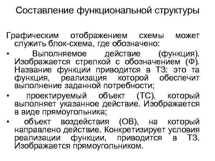 Cоставление функциональной структуры Графическим отображением схемы может служить блок-схема, где обозначено: • Выполняемое действие