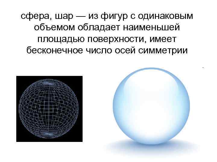 сфера, шар — из фигур с одинаковым объемом обладает наименьшей площадью поверхности, имеет бесконечное