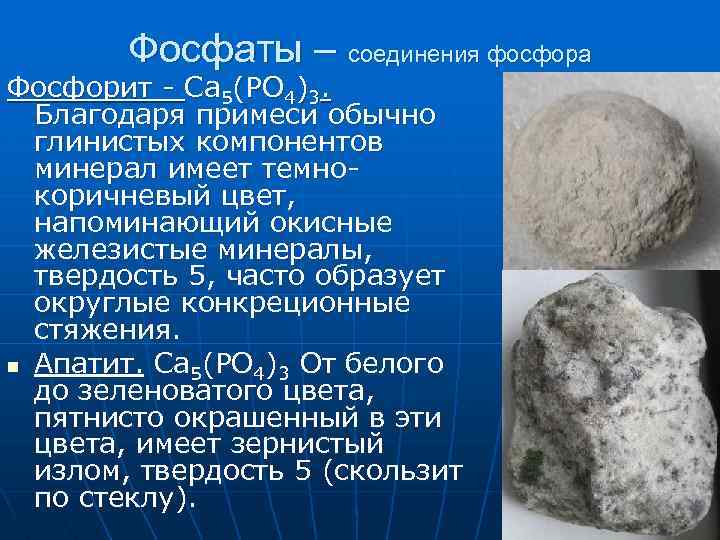 Фосфаты – соединения фосфора Фосфорит - Ca 5(PO 4)3. Благодаря примеси обычно глинистых компонентов