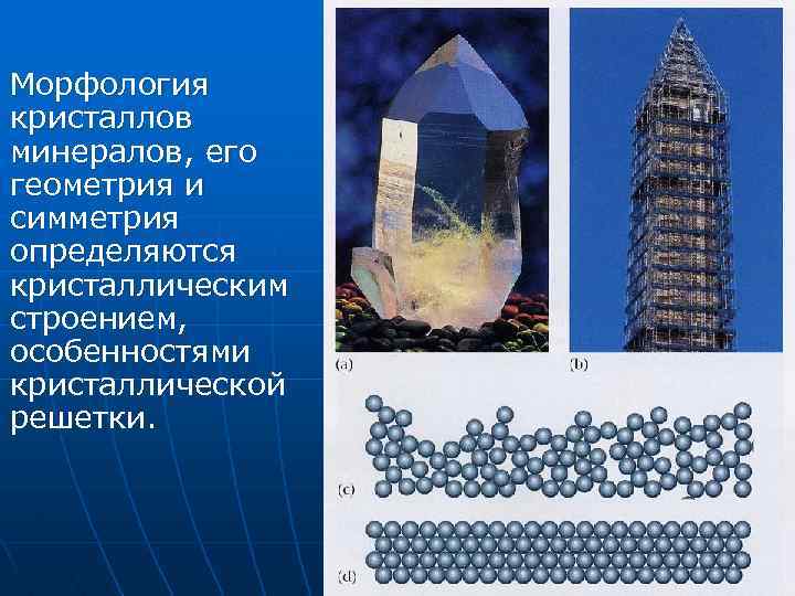 Морфология кристаллов минералов, его геометрия и симметрия определяются кристаллическим строением, особенностями кристаллической решетки. 