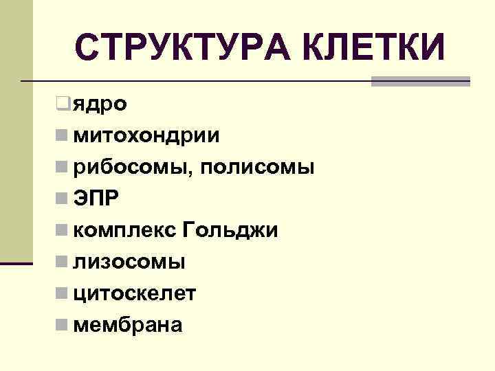 СТРУКТУРА КЛЕТКИ q ядро n митохондрии n рибосомы, полисомы n ЭПР n комплекс Гольджи