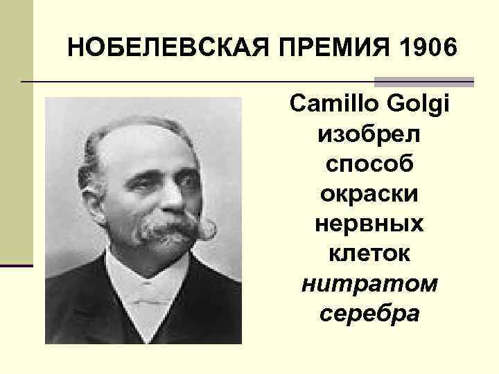 НОБЕЛЕВСКАЯ ПРЕМИЯ 1906 Camillo Golgi изобрел способ окраски нервных клеток нитратом серебра 