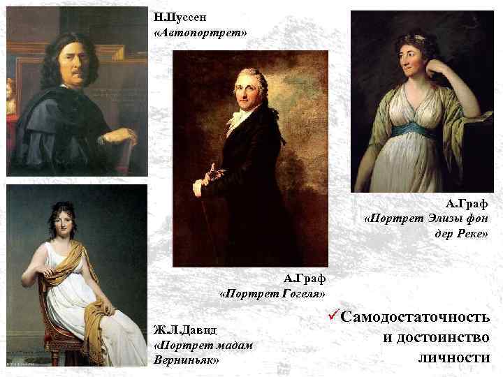 Н. Пуссен «Автопортрет» А. Граф «Портрет Элизы фон дер Реке» А. Граф «Портрет Гогеля»