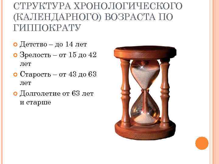 СТРУКТУРА ХРОНОЛОГИЧЕСКОГО (КАЛЕНДАРНОГО) ВОЗРАСТА ПО ГИППОКРАТУ Детство – до 14 лет Зрелость – от