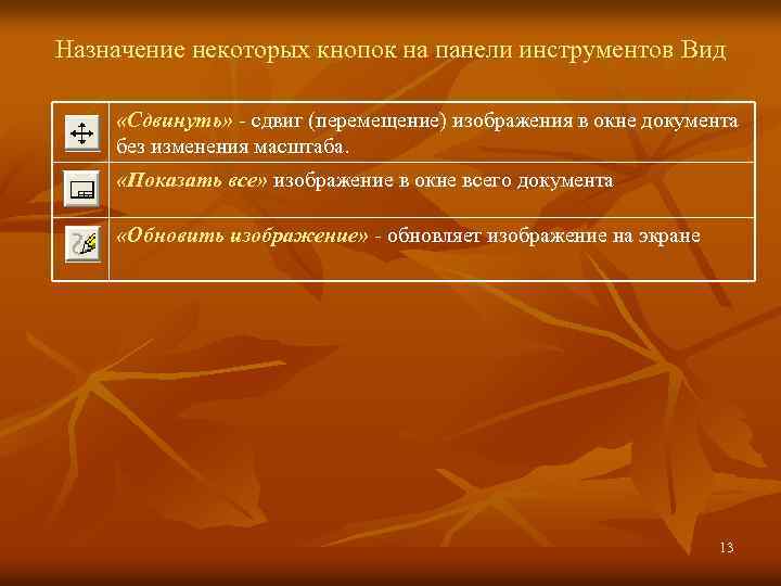 Назначение некоторых кнопок на панели инструментов Вид «Сдвинуть» - сдвиг (перемещение) изображения в окне
