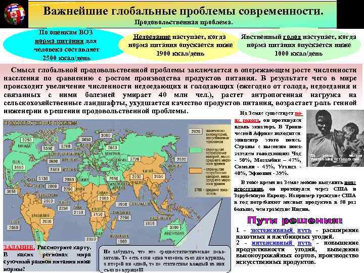 Важнейшие глобальные проблемы современности. Продовольственная проблема. По оценкам ВОЗ норма питания для человека составляет